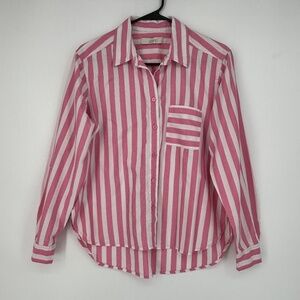Loft Womens Small Button Up Shirt Pink White Cabana Stripe High Low Long Sleeves